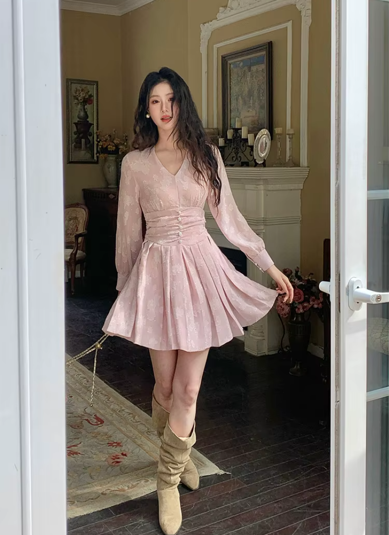 Casual Vintage Print V-Neck Slim Mini Short Pleated Dress