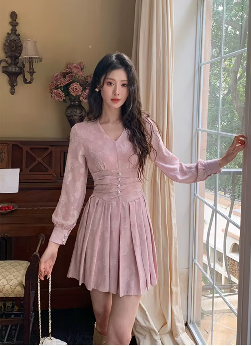 Casual Vintage Print V-Neck Slim Mini Short Pleated Dress