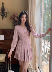 Casual Vintage Print V-Neck Slim Mini Short Pleated Dress