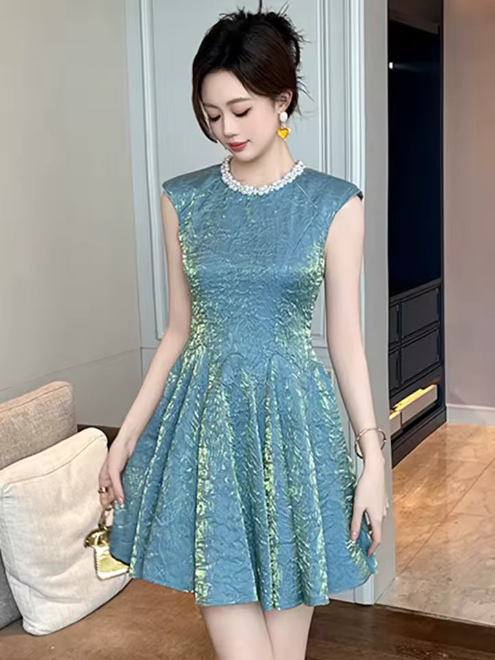 Casual Vintage Sparkly Gold Sleeveless Slim A-Line Mini Short Dress
