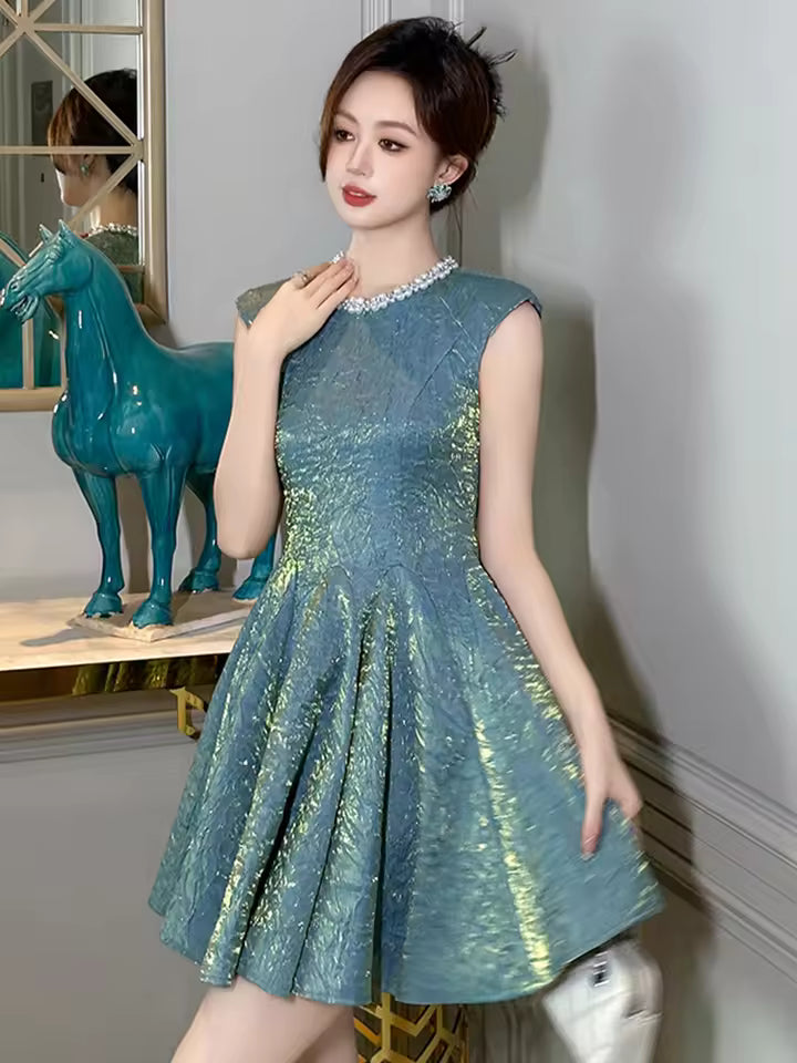 Casual Vintage Sparkly Gold Sleeveless Slim A-Line Mini Short Dress