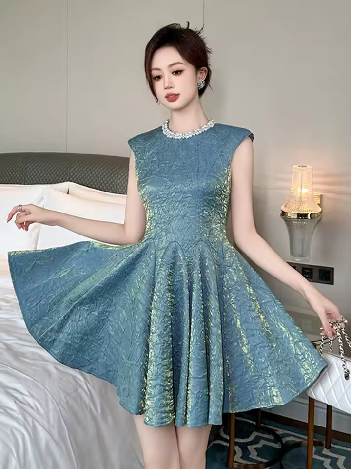 Casual Vintage Sparkly Gold Sleeveless Slim A-Line Mini Short Dress