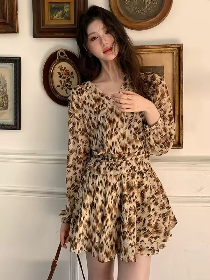 Casual Vintage Sweet Leopard Print Long Sleeve Ball Mini Dress
