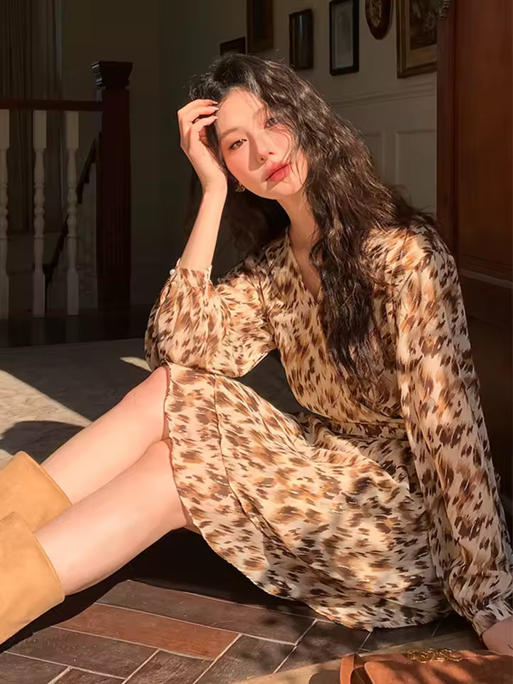 Casual Vintage Sweet Leopard Print Long Sleeve Ball Mini Dress