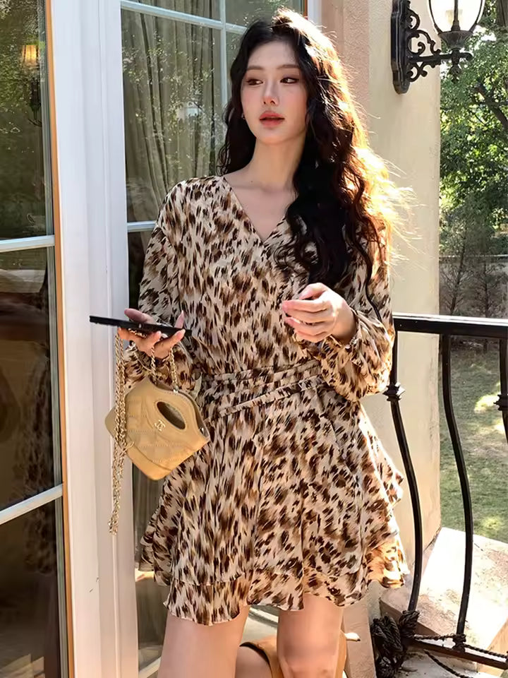 Casual Vintage Sweet Leopard Print Long Sleeve Ball Mini Dress