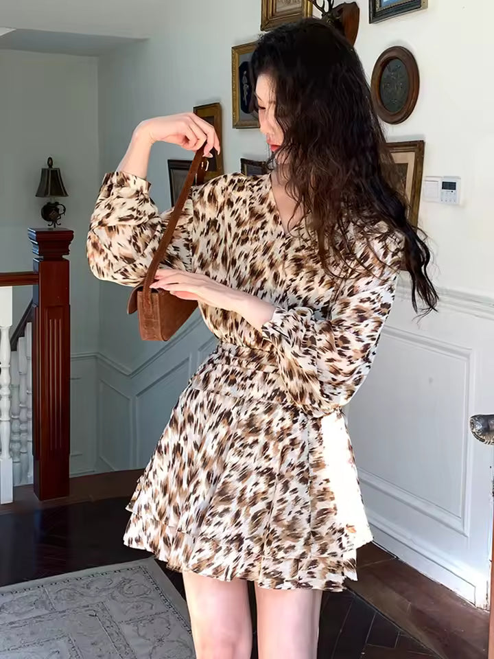 Casual Vintage Sweet Leopard Print Long Sleeve Ball Mini Dress