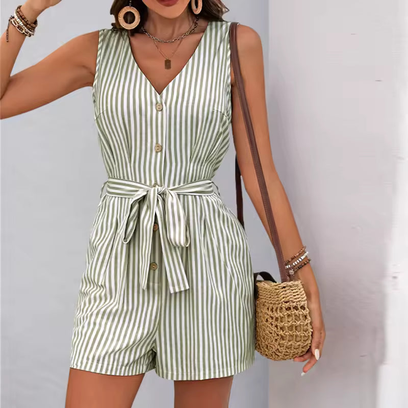 Casual Viscose Striped One-Piece Shorts Rompers And Playsuits