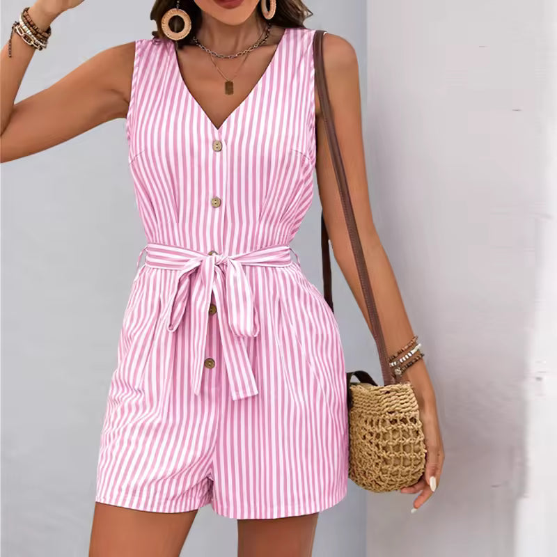 Casual Viscose Striped One-Piece Shorts Rompers And Playsuits