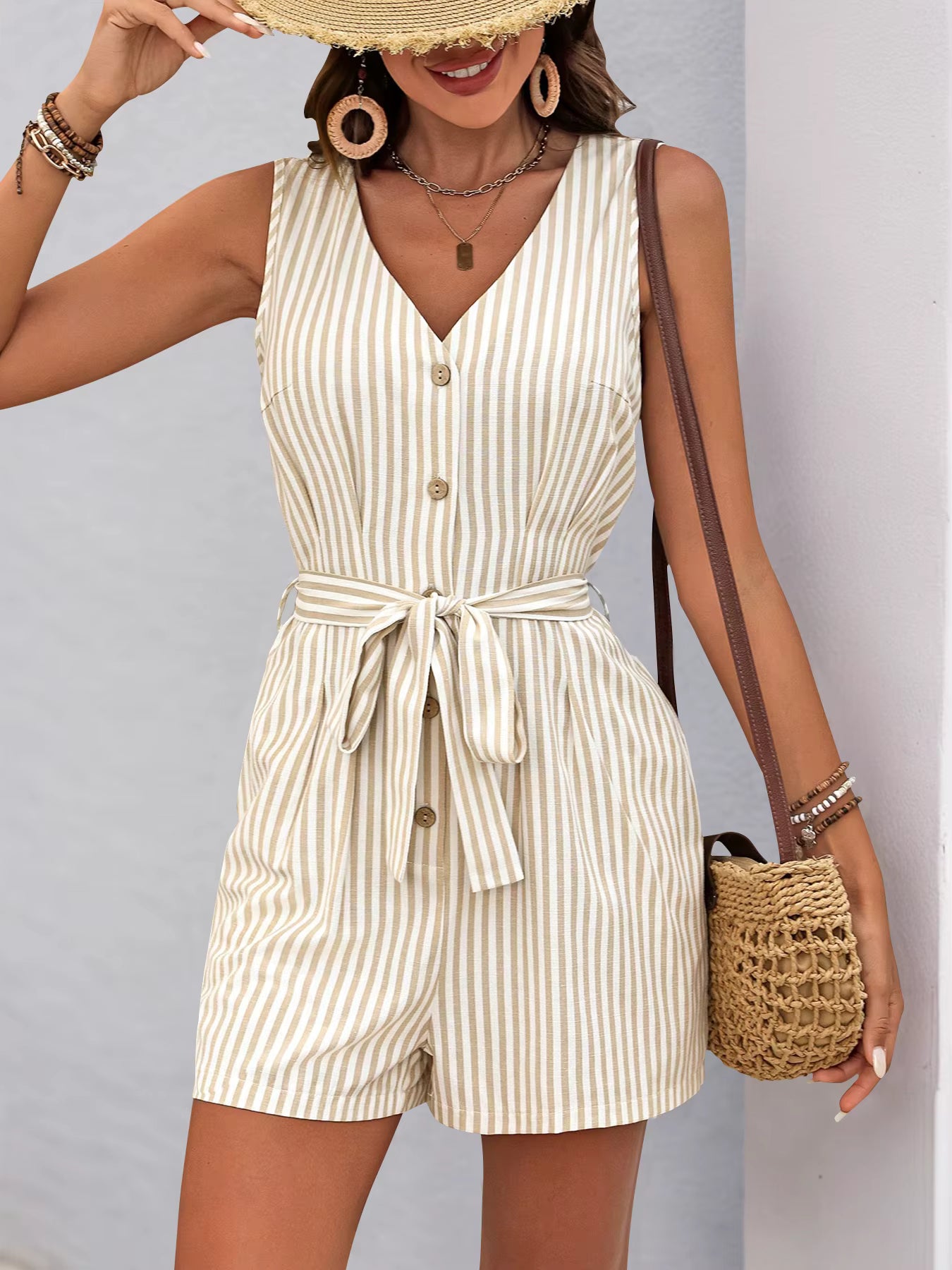 Casual Viscose Striped One-Piece Shorts Rompers And Playsuits