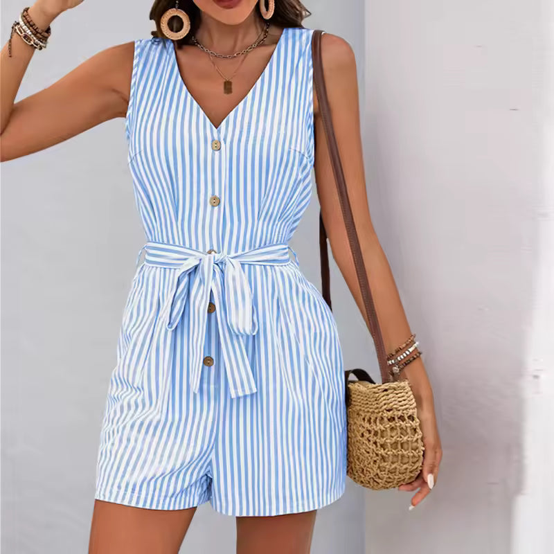 Casual Viscose Striped One-Piece Shorts Rompers And Playsuits