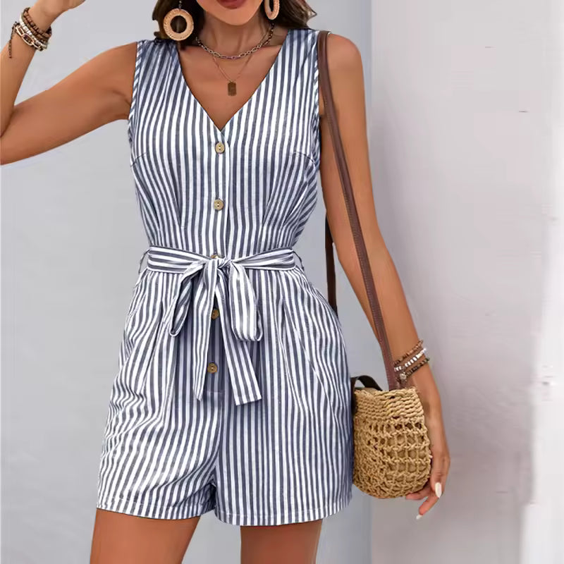 Casual Viscose Striped One-Piece Shorts Rompers And Playsuits