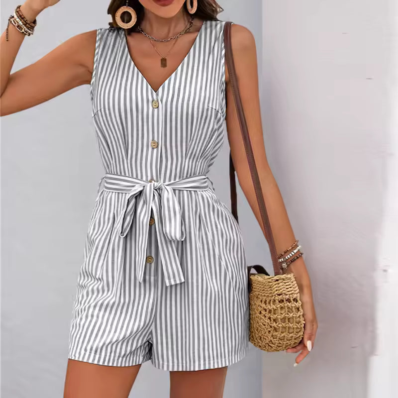 Casual Viscose Striped One-Piece Shorts Rompers And Playsuits