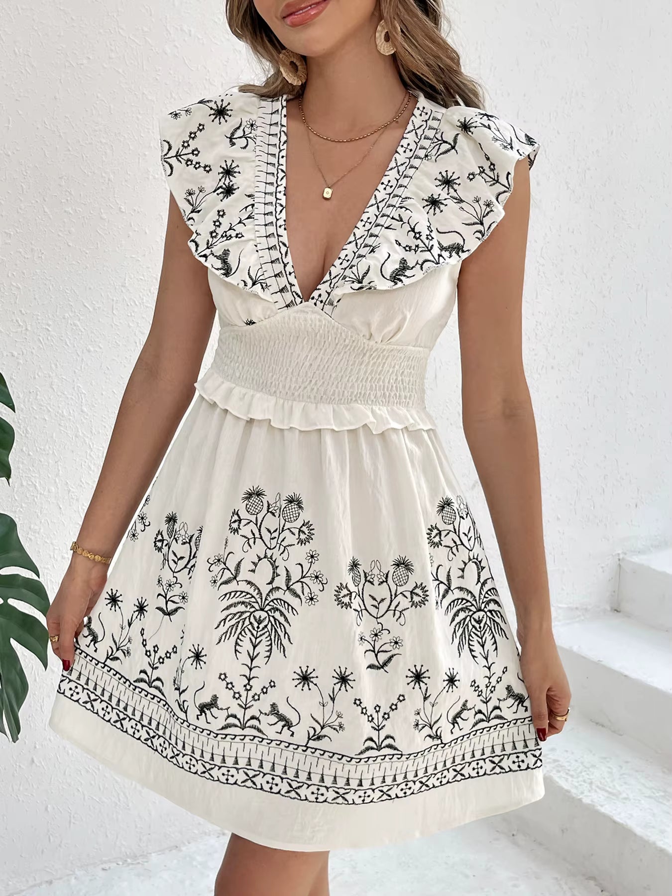 Casual Viscose V-neck Sleeveless Printed Fit And Flare Mini Dress