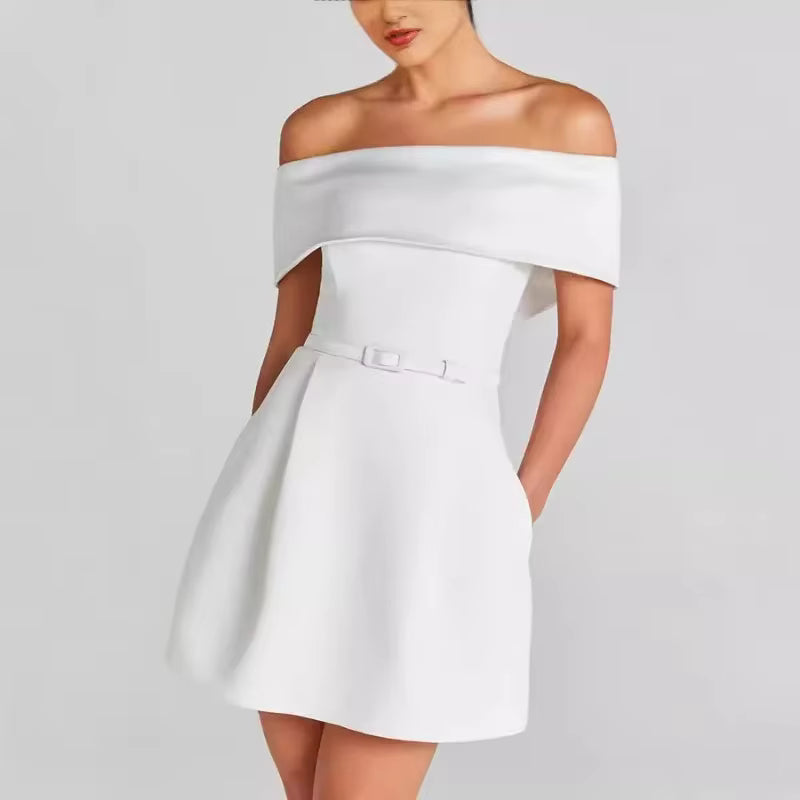 Casual Waistband One Shoulder A-LINE Slash Neck Mini Dress