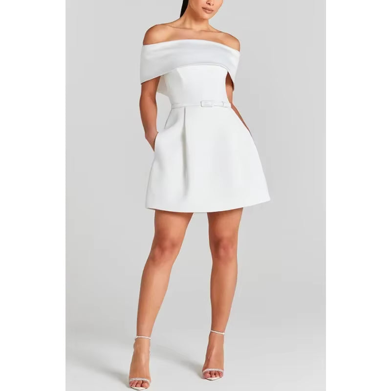 Casual Waistband One Shoulder A-LINE Slash Neck Mini Dress