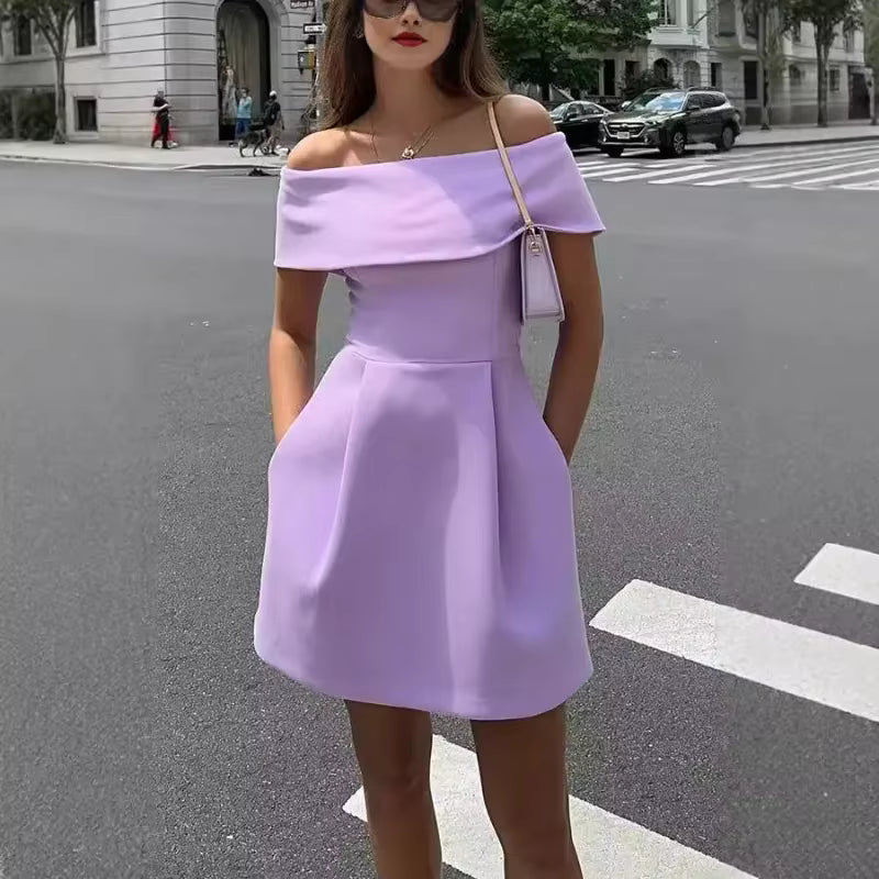Casual Waistband One Shoulder A-LINE Slash Neck Mini Dress