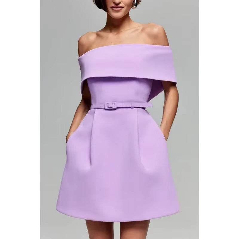 Casual Waistband One Shoulder A-LINE Slash Neck Mini Dress