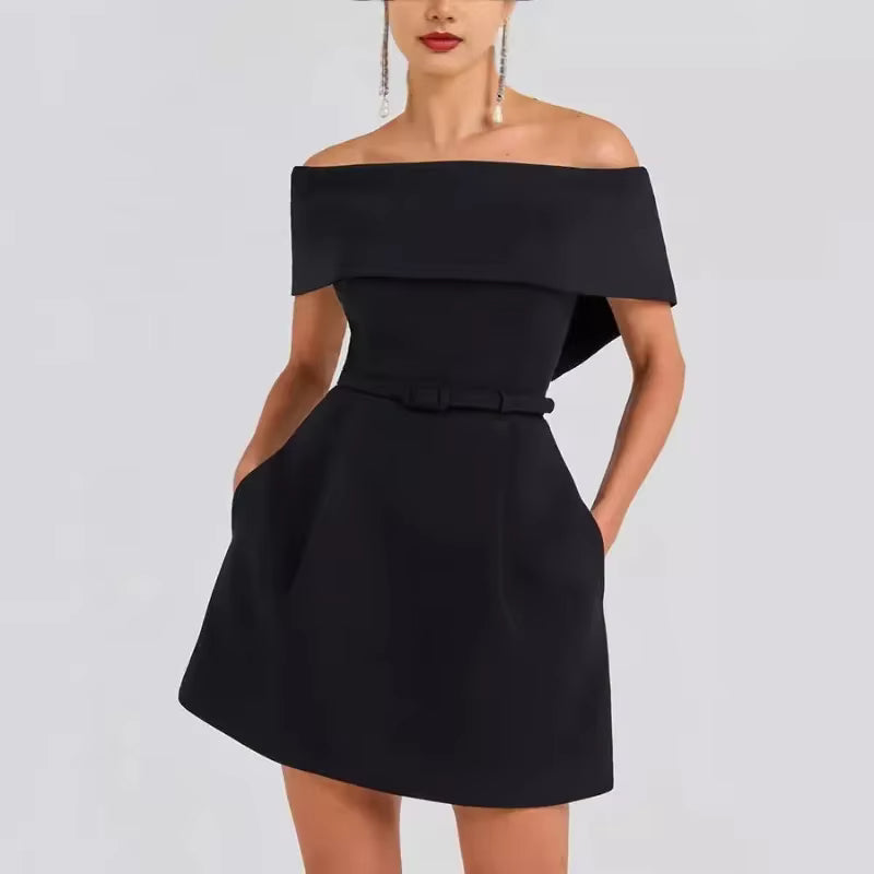 Casual Waistband One Shoulder A-LINE Slash Neck Mini Dress