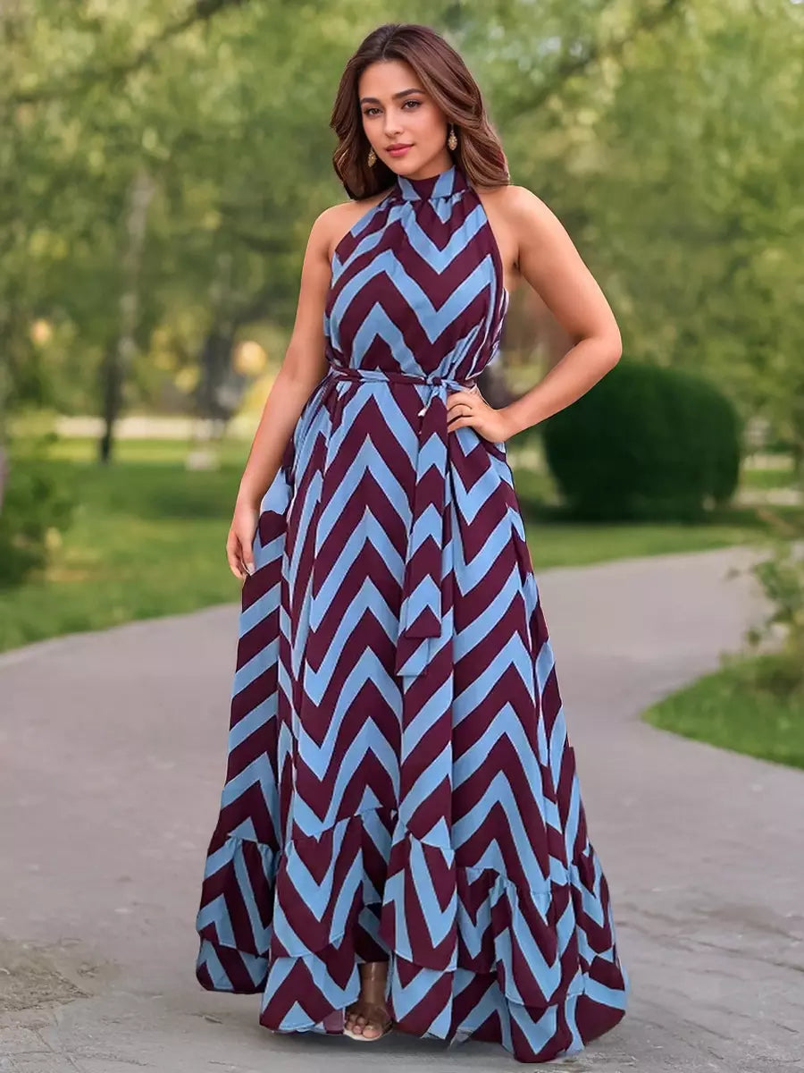 Casual Geometric Wave Stripe Print Sleeveless Stand Collar Maxi Dress