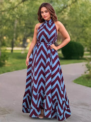 Casual Geometric Wave Stripe Print Sleeveless Stand Collar Maxi Dress
