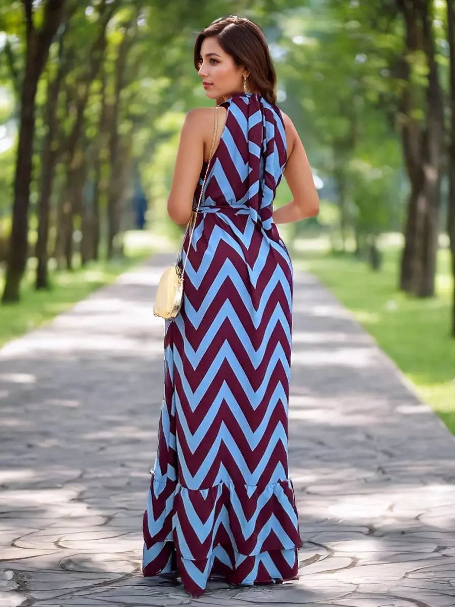 Casual Geometric Wave Stripe Print Sleeveless Stand Collar Maxi Dress