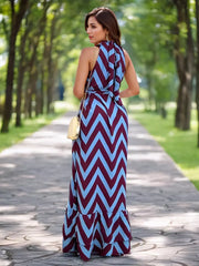 Casual Geometric Wave Stripe Print Sleeveless Stand Collar Maxi Dress