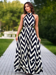 Casual Geometric Wave Stripe Print Sleeveless Stand Collar Maxi Dress