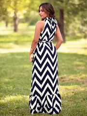 Casual Geometric Wave Stripe Print Sleeveless Stand Collar Maxi Dress