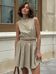 Casual Wear Cotton And Linen Sleeveless Crop Top And Mini Skirt 2 Piece Set