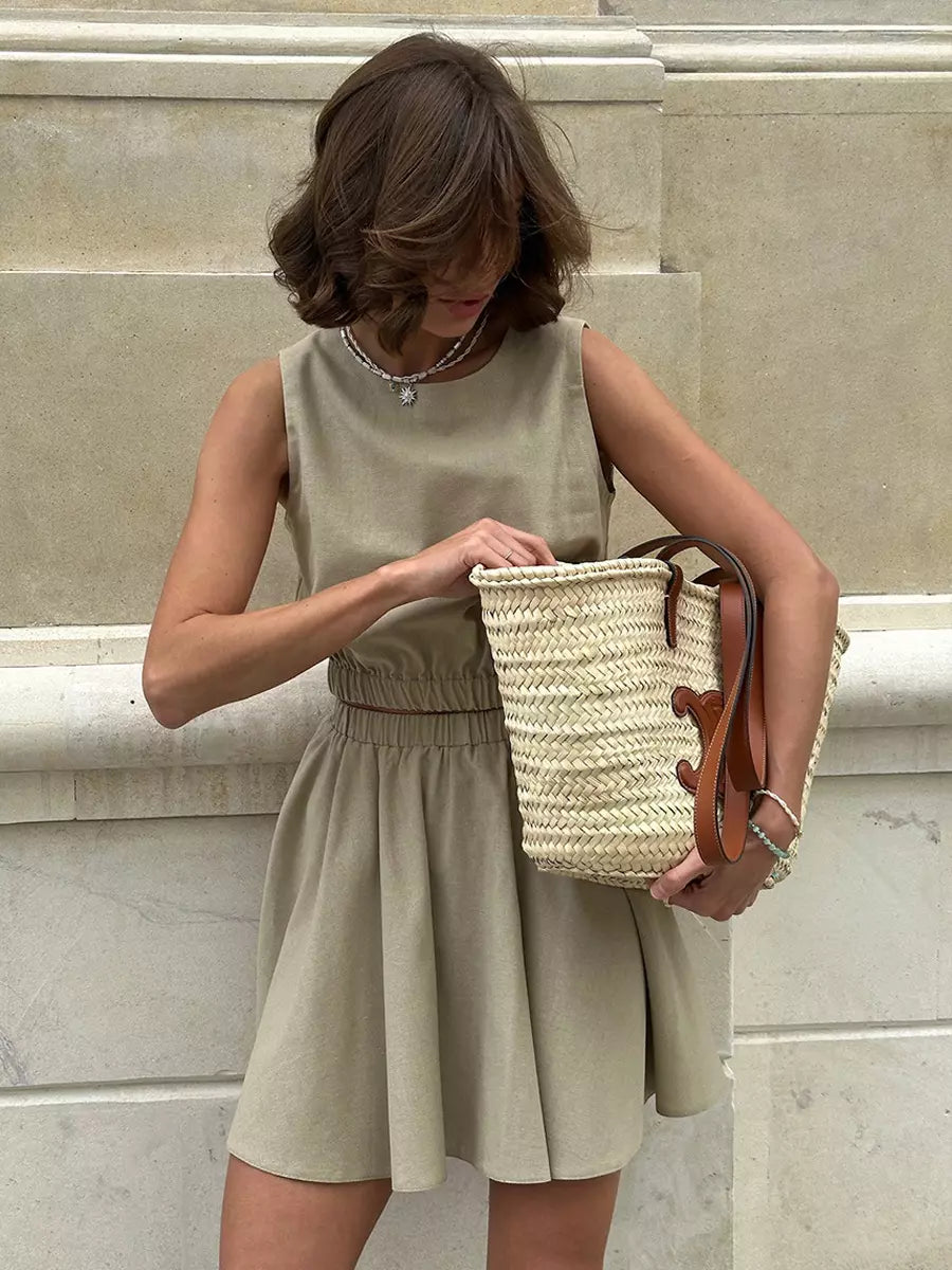 Casual Wear Cotton And Linen Sleeveless Crop Top And Mini Skirt 2 Piece Set