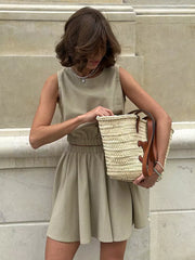 Casual Wear Cotton And Linen Sleeveless Crop Top And Mini Skirt 2 Piece Set