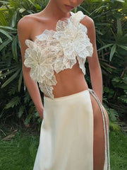 Casual Weird Puss Sequin Flowers Skew Collar Tank Tops Bandage Maxi Split Skirts