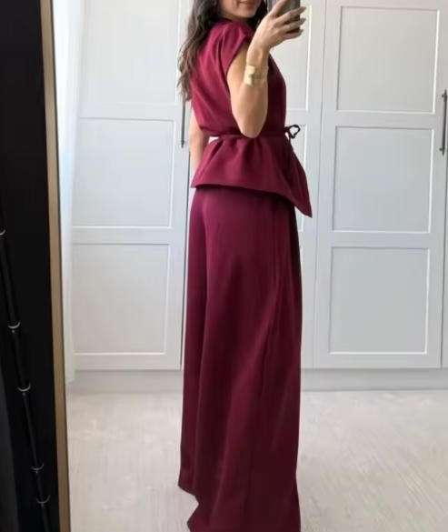 Casual Wide Leg Pants Sleeveless Vest Top Pleated Trousers Sets Two Piece Outfits