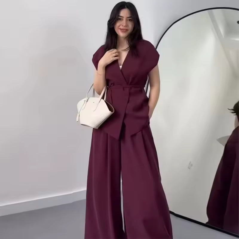 Casual Wide Leg Pants Sleeveless Vest Top Pleated Trousers Sets Two Piece Outfits