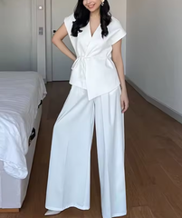 Casual Wide Leg Pants Sleeveless Vest Top Pleated Trousers Sets Two Piece Outfits