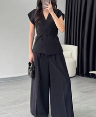 Casual Wide Leg Pants Sleeveless Vest Top Pleated Trousers Sets Two Piece Outfits