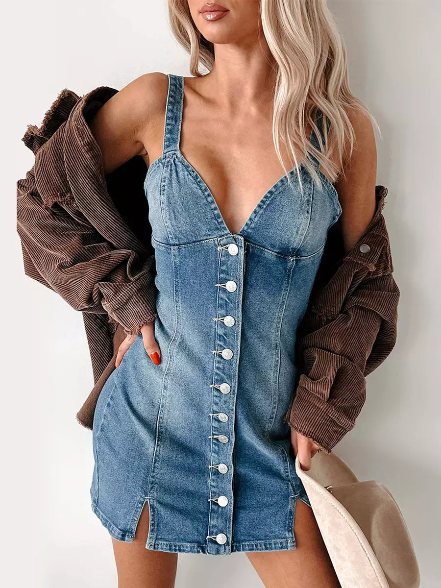 Casual With Deep V-Neck And Front Buttons Denim Mini Dress