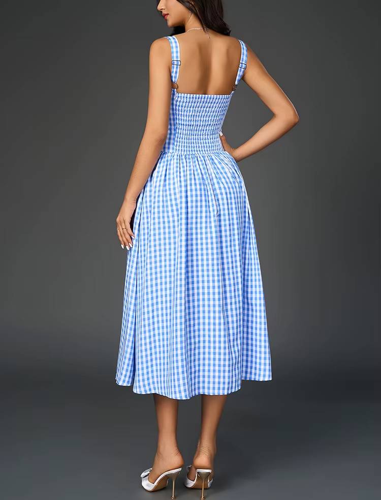 Casual Zipper A-Line Adjustable Straps Backless Print Midi Dress