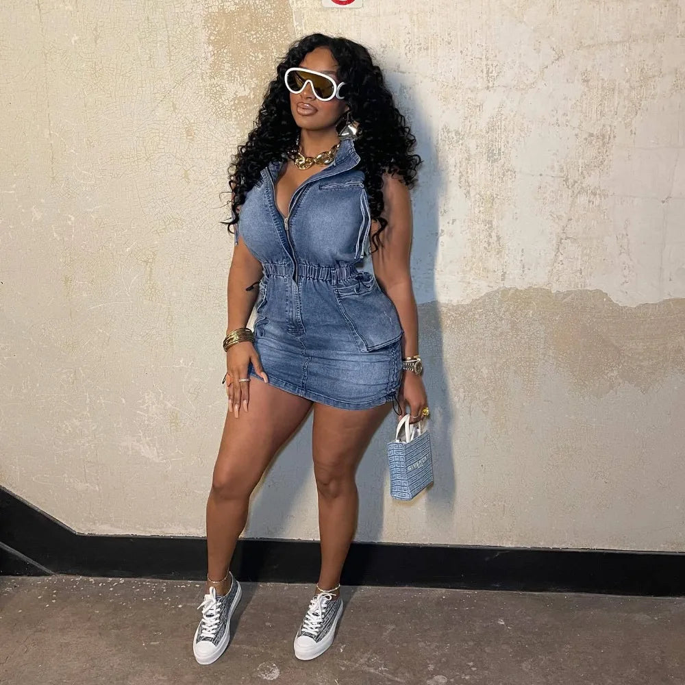 Casual Zipper Sleeveless Denim Pocket Cargo Waist Slim Mini Dress