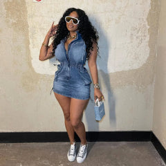Casual Zipper Sleeveless Denim Pocket Cargo Waist Slim Mini Dress
