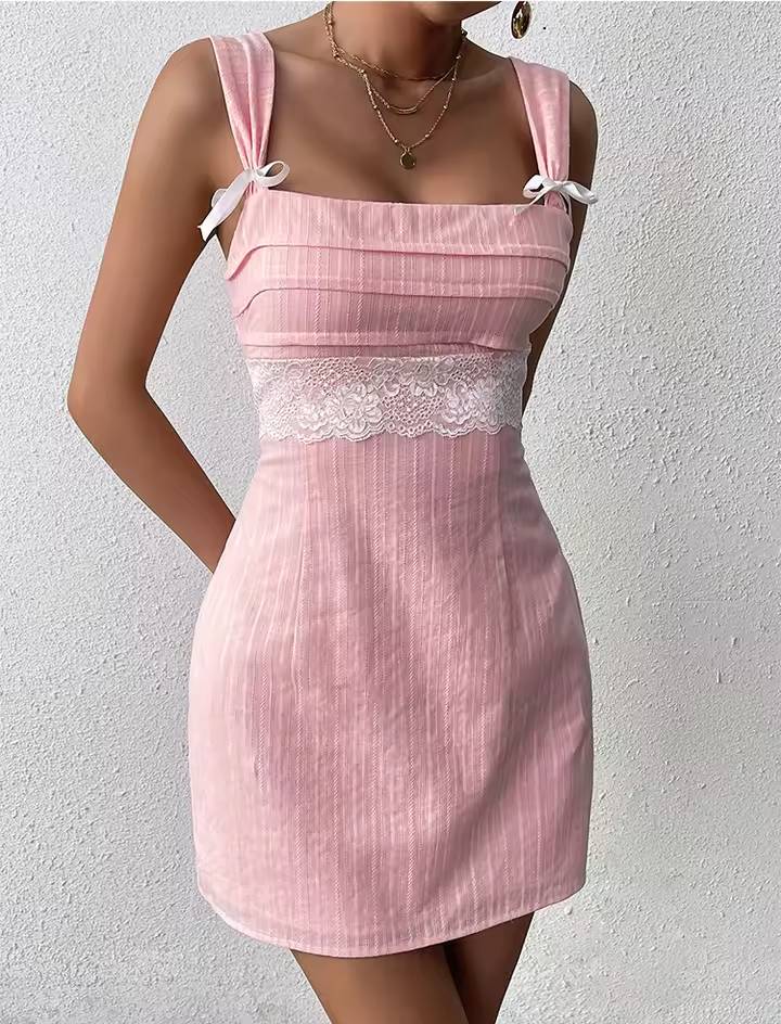Casual Zipper Square Neck Backless Cut Out Tie Up Cami Mini Dress