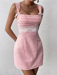 Casual Zipper Square Neck Backless Cut Out Tie Up Cami Mini Dress