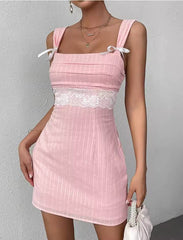 Casual Zipper Square Neck Backless Cut Out Tie Up Cami Mini Dress
