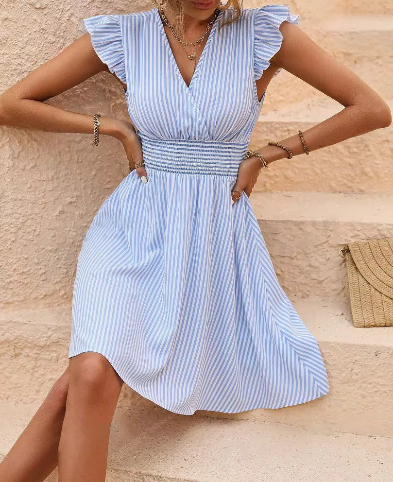 Casual Zipper Stripped Printing Empire Butterfly Sleeves Mini Dress