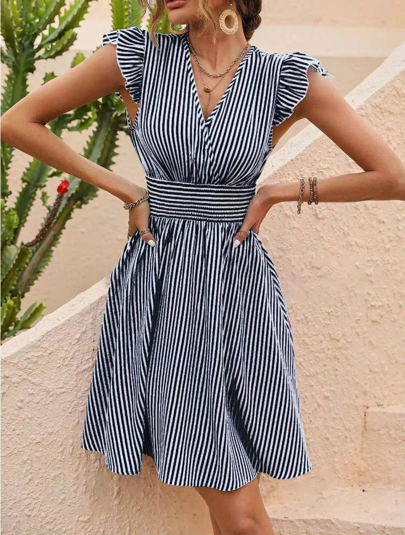 Casual Zipper Stripped Printing Empire Butterfly Sleeves Mini Dress