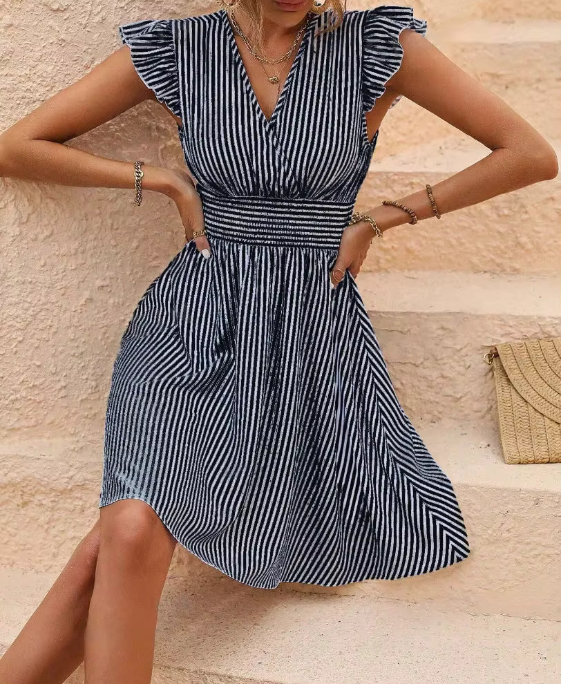 Casual Zipper Stripped Printing Empire Butterfly Sleeves Mini Dress