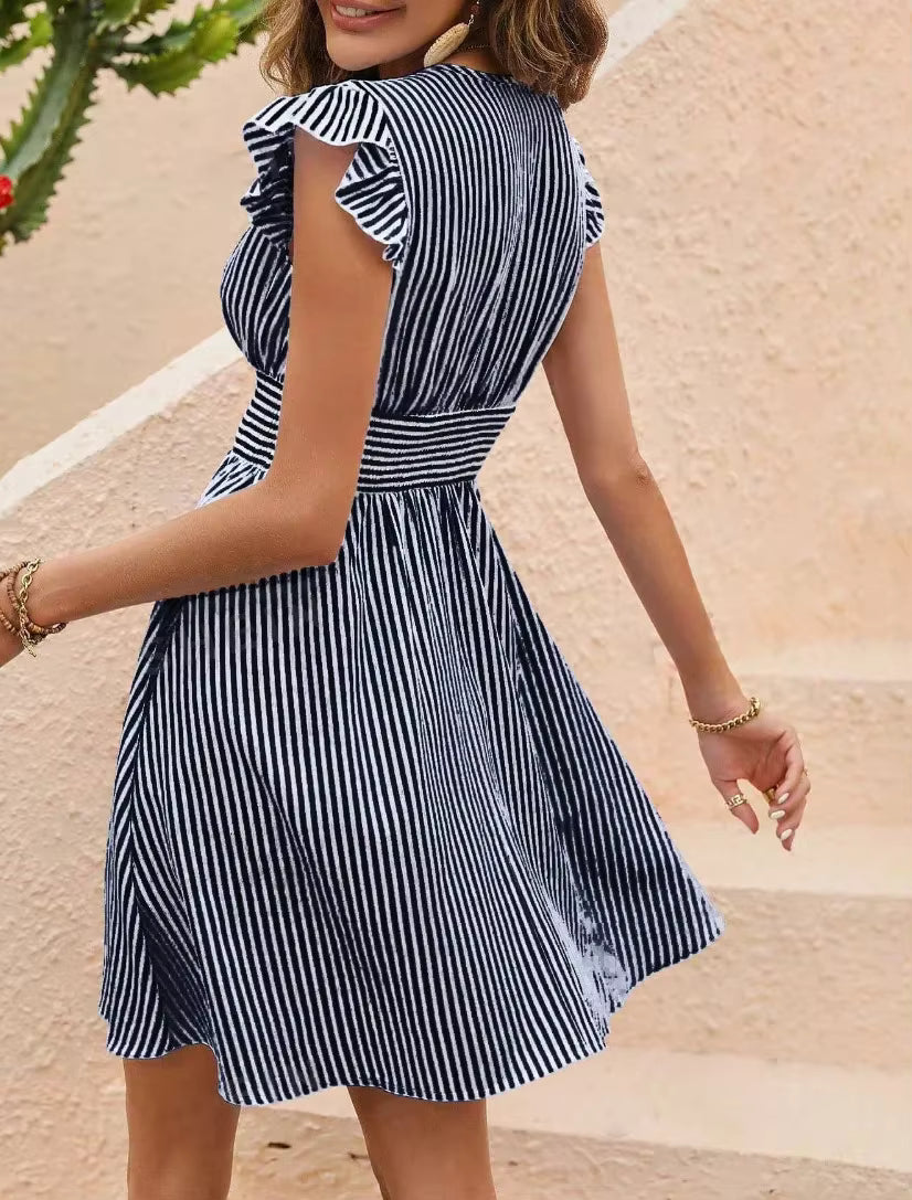 Casual Zipper Stripped Printing Empire Butterfly Sleeves Mini Dress