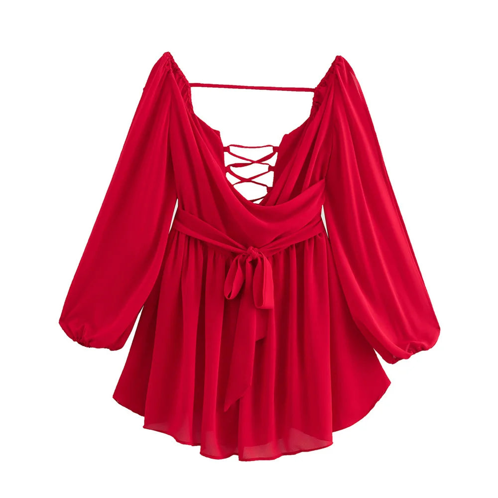 Casual hollow Out Off Shoulder Sleeves And Tied Rope Dress