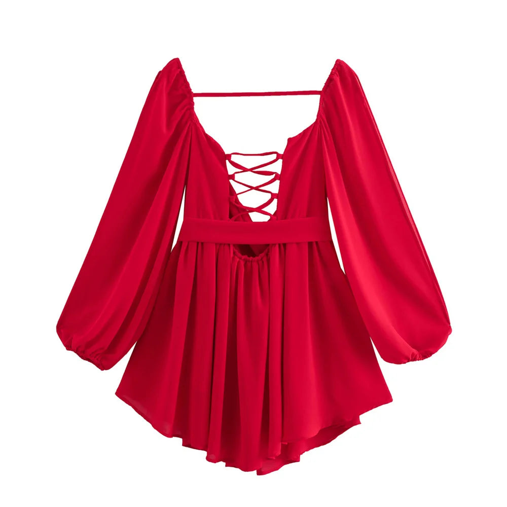 Casual hollow Out Off Shoulder Sleeves And Tied Rope Dress