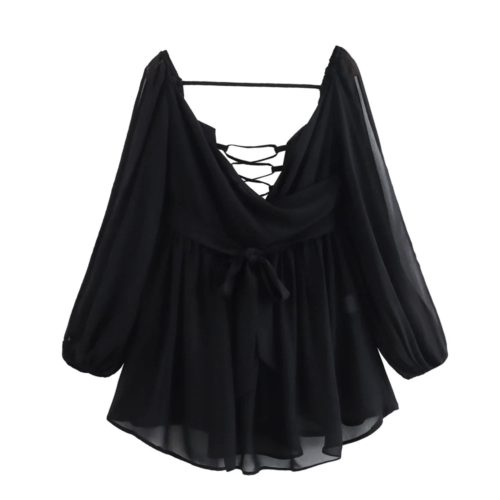 Casual hollow Out Off Shoulder Sleeves And Tied Rope Dress